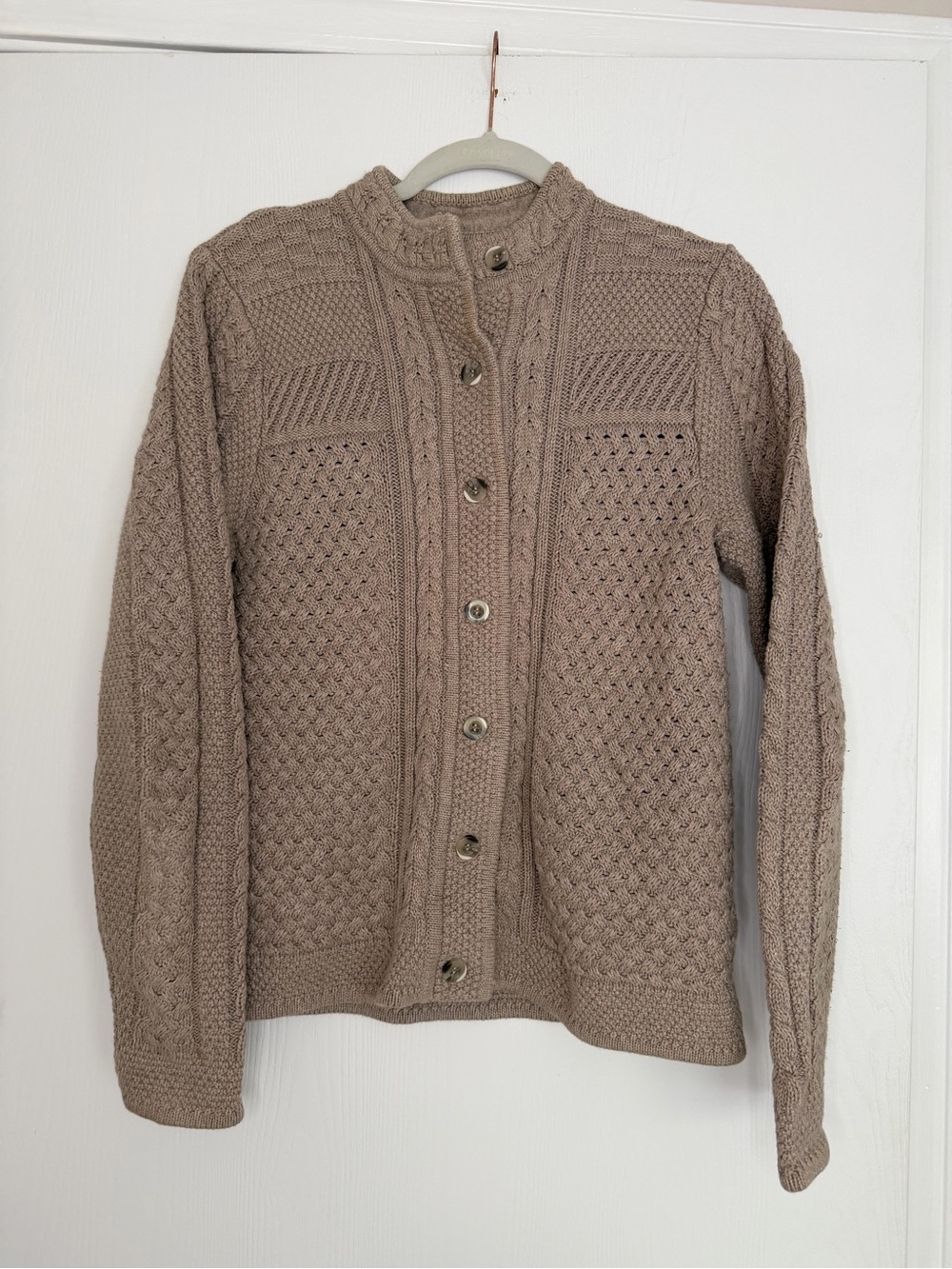 L.L. Bean Taupe Cable-Knit Button Cardigan